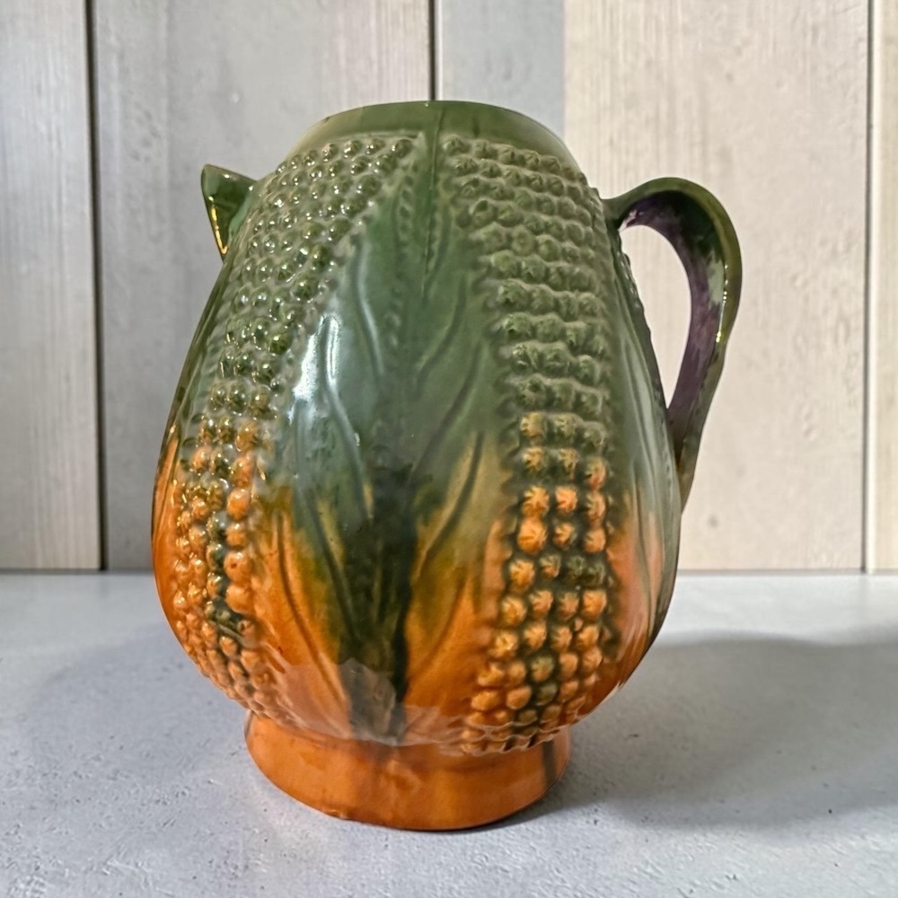 Antique Majolica Corn on the Cob Pitcher Jug Green Orange Glazed Pottery 9"